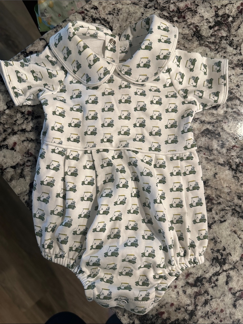White Baby One-Piece with Green golfCart Print — Classic Collared Romper